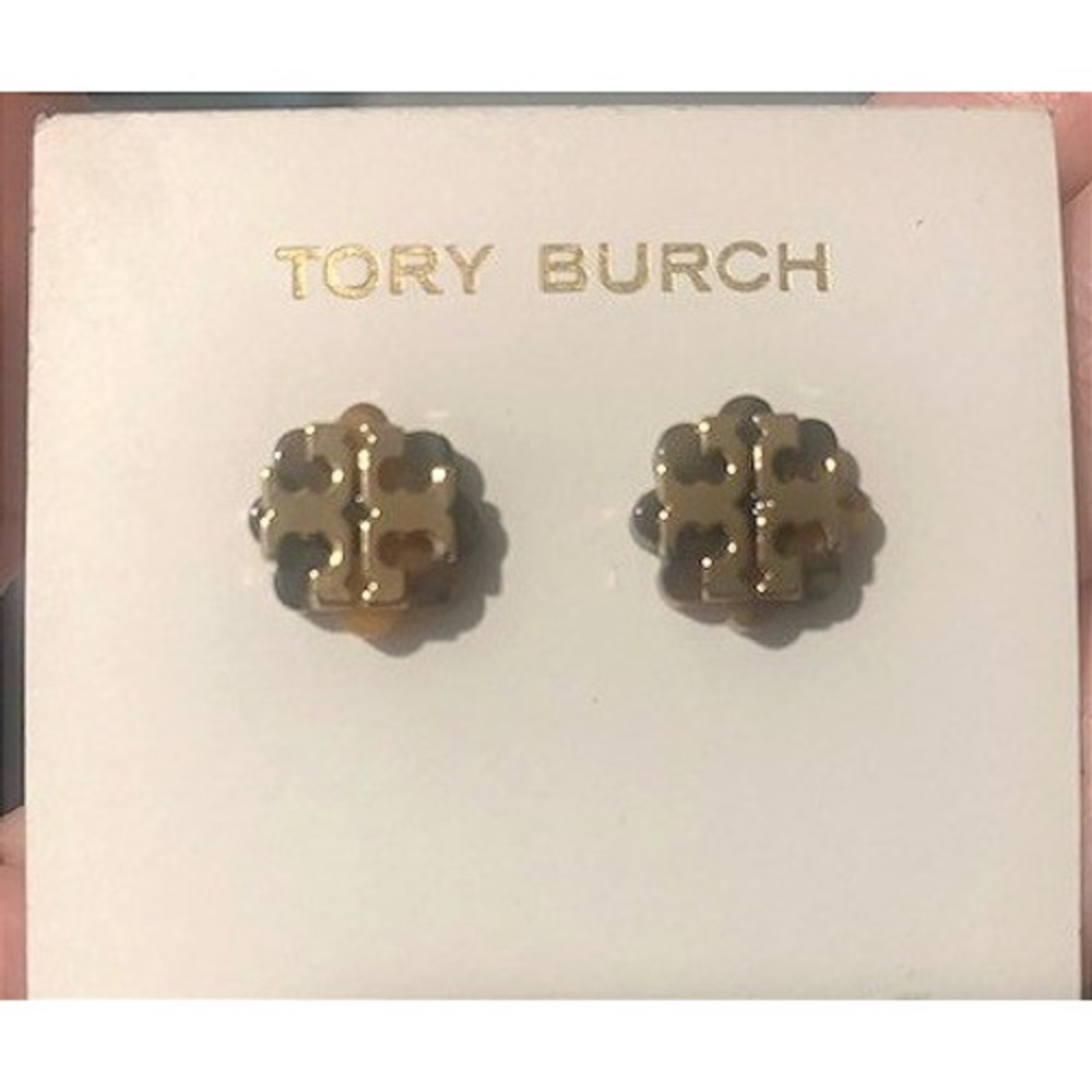 Tory Burch Logo Flower Resin Stud Earrings Tortoise Gold 41145526